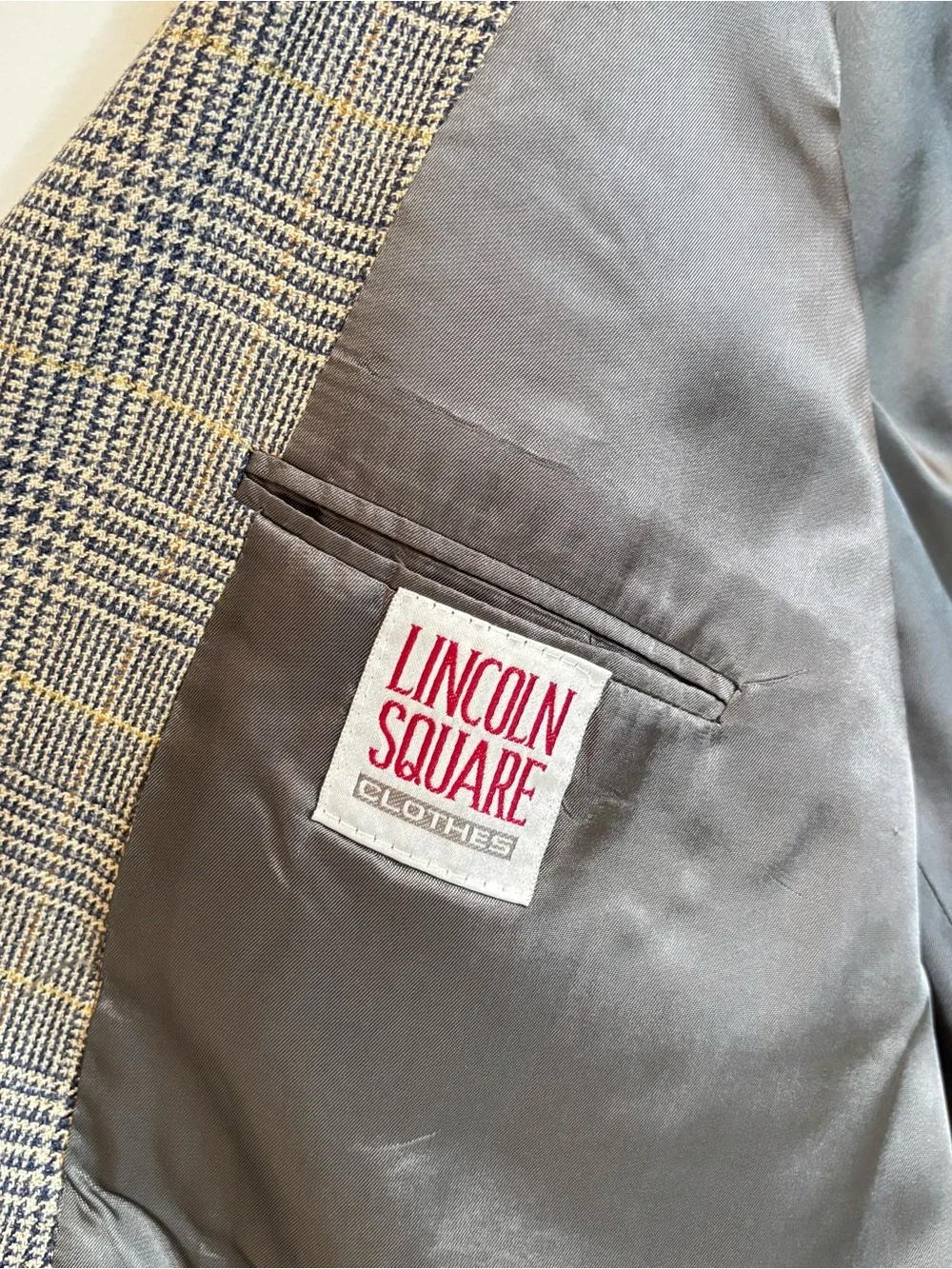 Lincoln Square Plaid Blazer Suit Jacket Dark Academia Grey Tan Sports Coat 42R